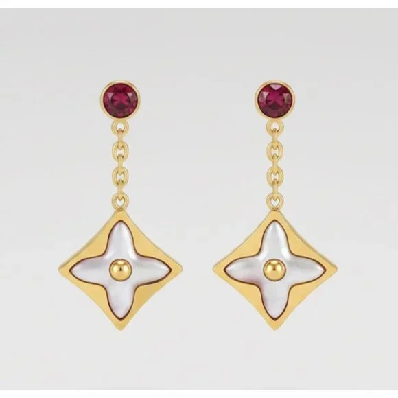 Louis Vuitton 18k Gold & Enamel Flower Drop Earrings Stamped Made In France - Picture 1 of 7